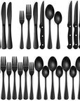 Black Hammered Silverware Set with Steak Knives