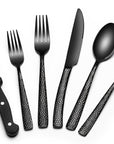 Black Hammered Silverware Set with Steak Knives