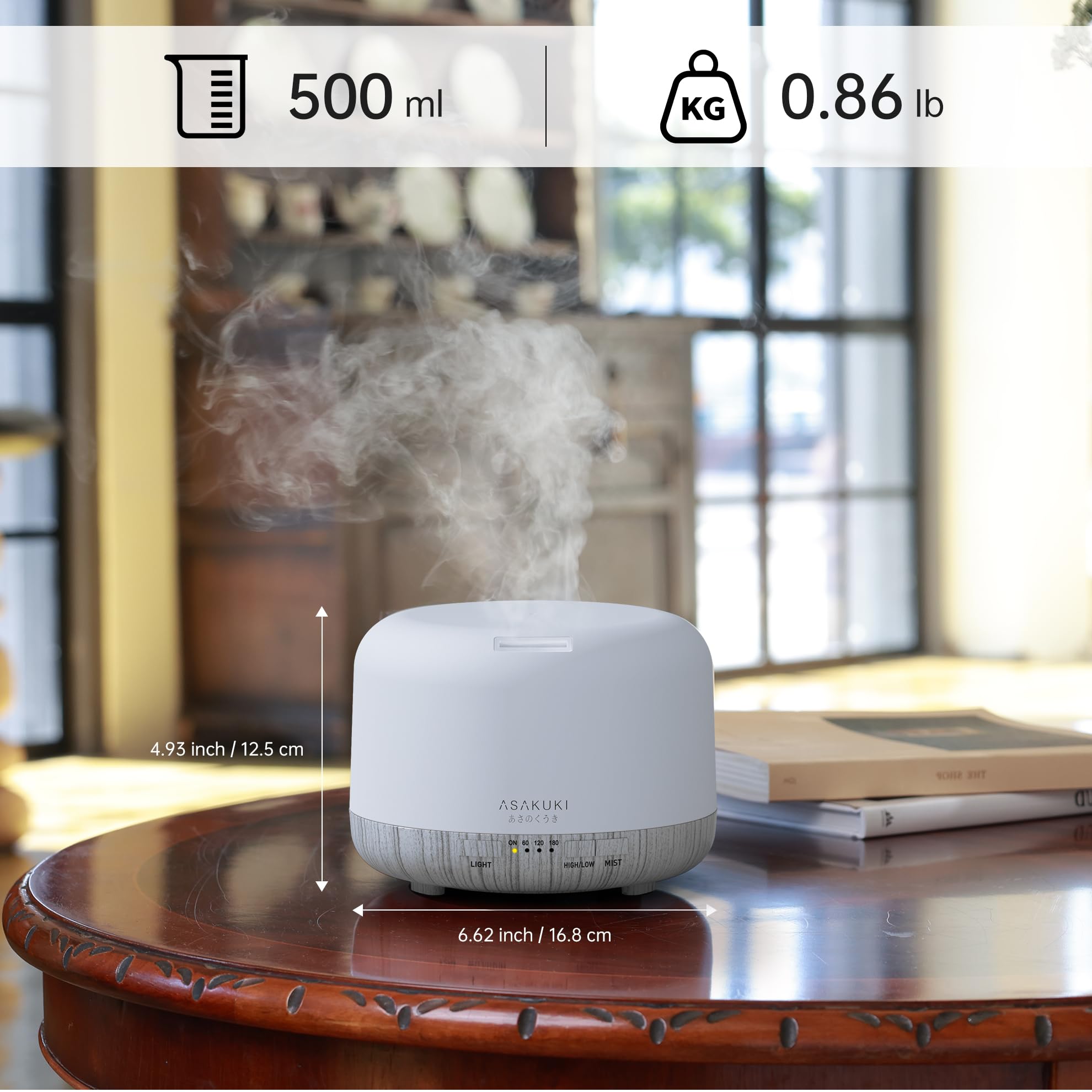 ASAKUKI Essential Oil Diffuser 500ml, Ultrasonic Aromatherapy Humidifier with Remote Control, 7 LED Colors, Timer &amp; Auto-Off, Large Room Diffuser