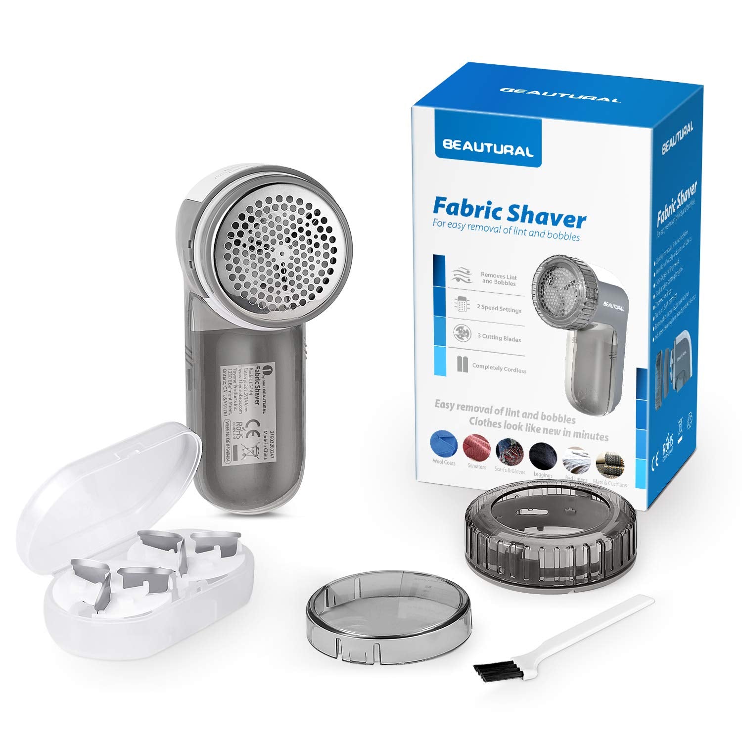 BEAUTURAL Fabric Shaver and Lint Remover, Sweater Defuzzer with 2-Speeds, 2 Replaceable Stainless Steel Blades, Battery Operated, Remove Clothes Fuzz, Lint Balls, Pills, Bobbles Gray