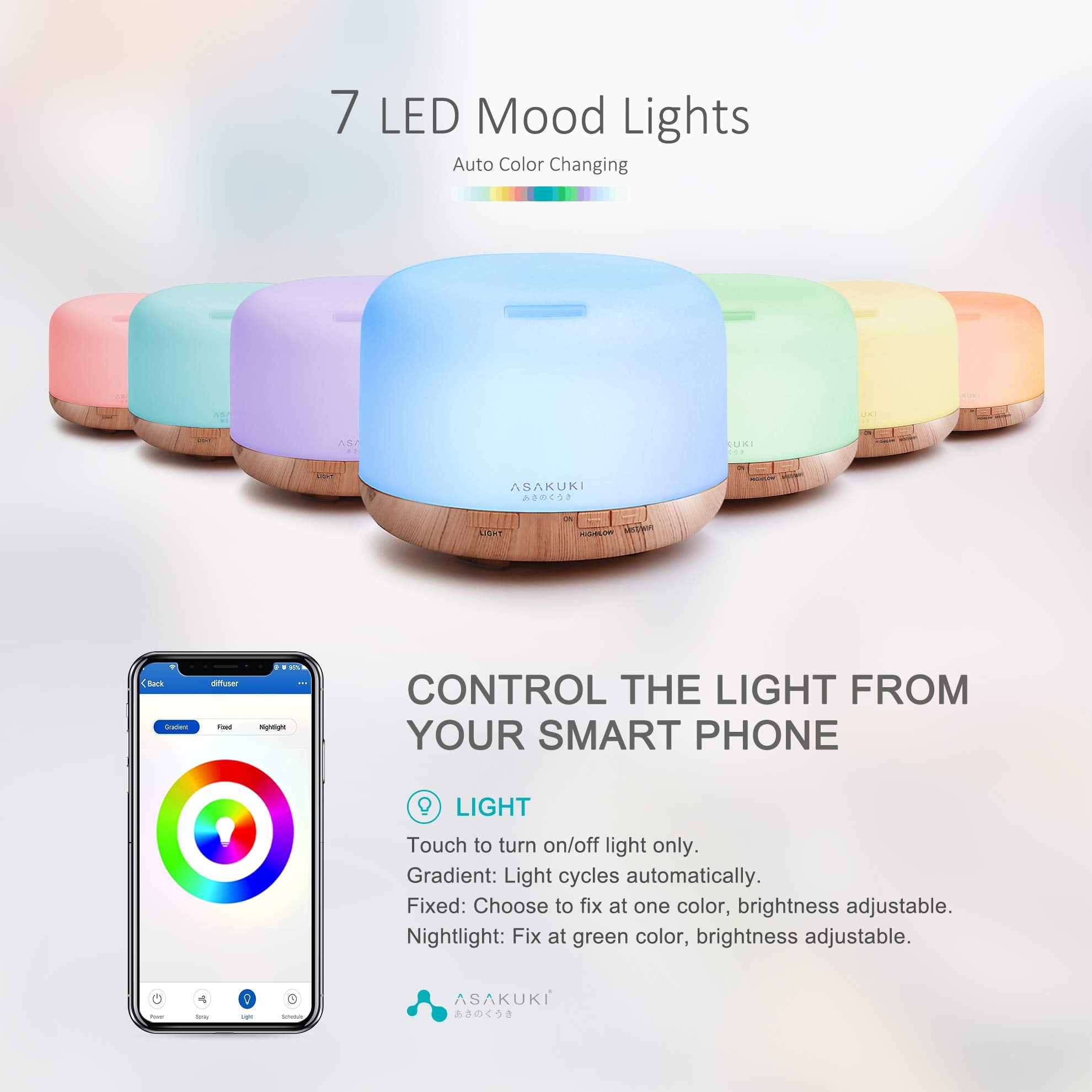 ASAKUKI Essential Oil Diffuser 500ml, Ultrasonic Aromatherapy Humidifier with Remote Control, 7 LED Colors, Timer &amp; Auto-Off, Large Room Diffuser