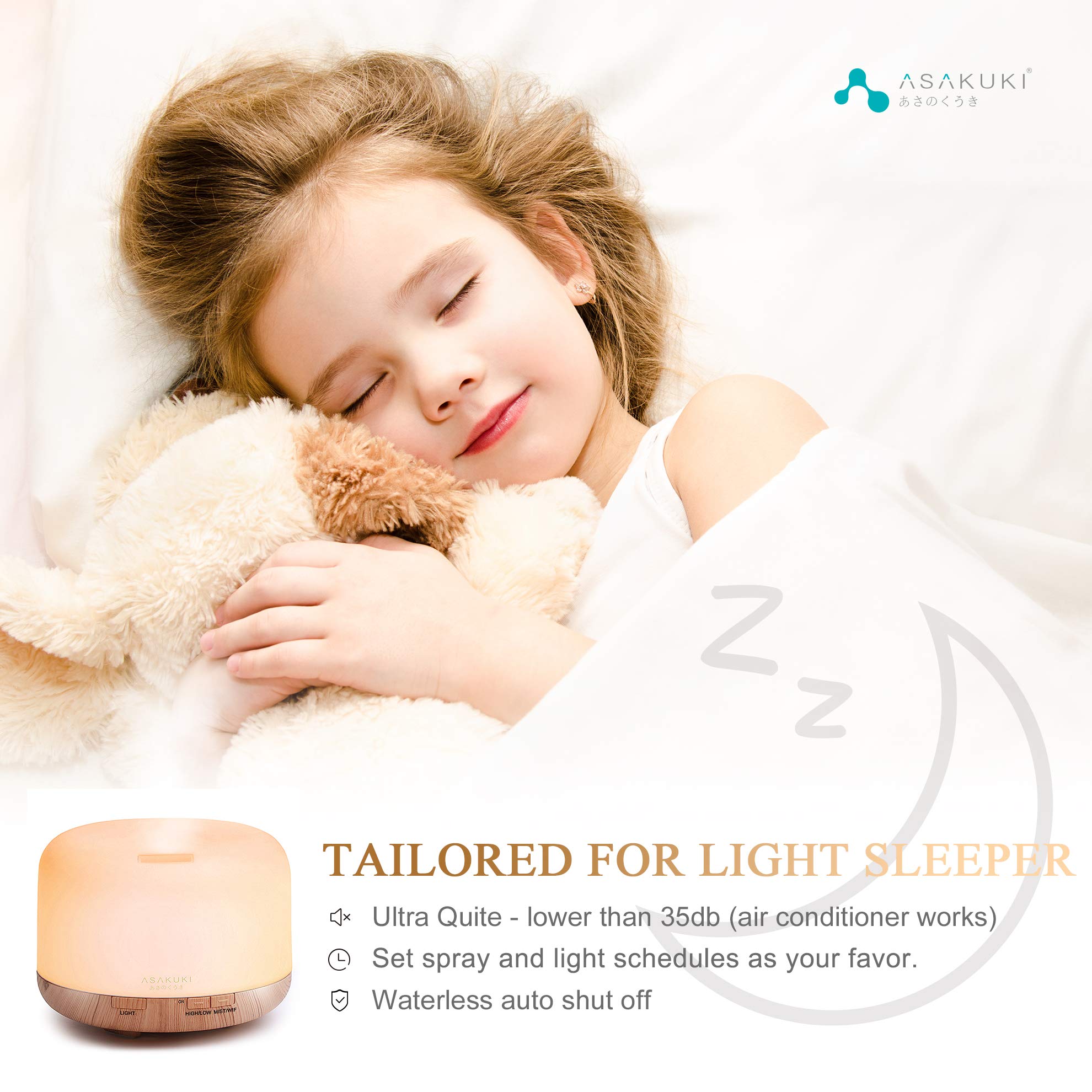 ASAKUKI Essential Oil Diffuser 500ml, Ultrasonic Aromatherapy Humidifier with Remote Control, 7 LED Colors, Timer &amp; Auto-Off, Large Room Diffuser