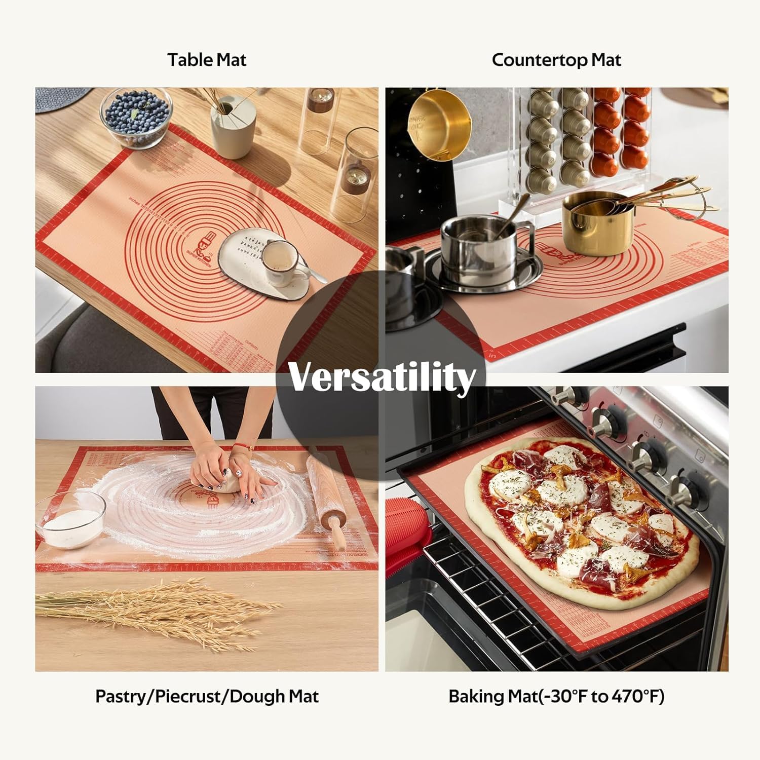 Non-slip Silicone Pastry Mat Extra Large with Measurements 28''By 20'' for Silicone Baking Mat, Counter, Dough Rolling, Oven Liner,Fondant/Pie Crust By Folksy Super Kitchen Red