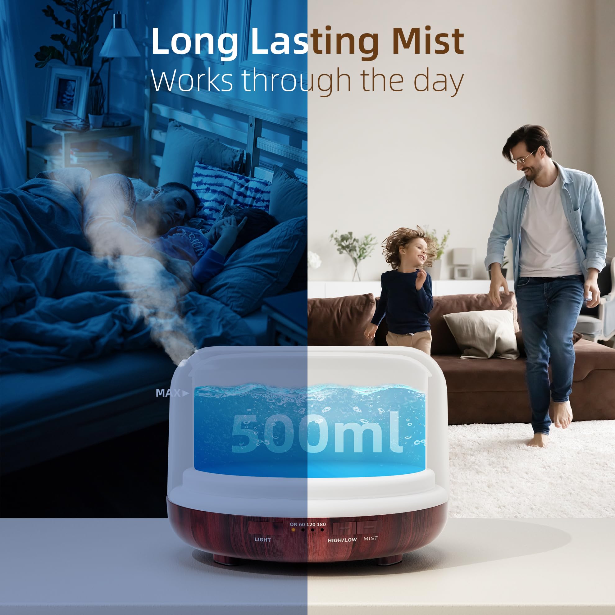 ASAKUKI Essential Oil Diffuser 500ml, Ultrasonic Aromatherapy Humidifier with Remote Control, 7 LED Colors, Timer &amp; Auto-Off, Large Room Diffuser