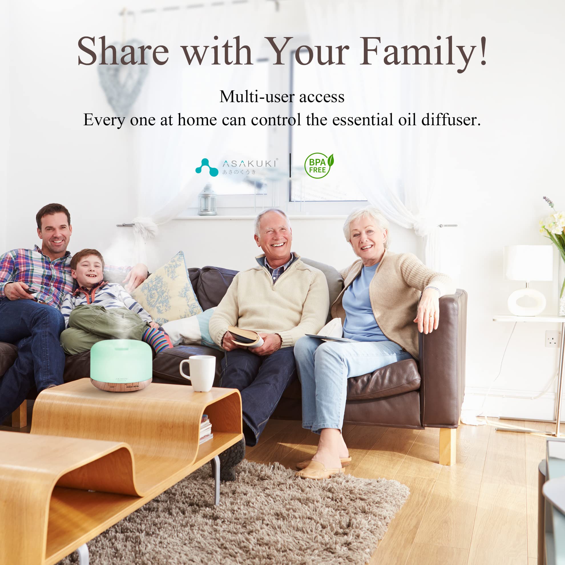 ASAKUKI Essential Oil Diffuser 500ml, Ultrasonic Aromatherapy Humidifier with Remote Control, 7 LED Colors, Timer &amp; Auto-Off, Large Room Diffuser