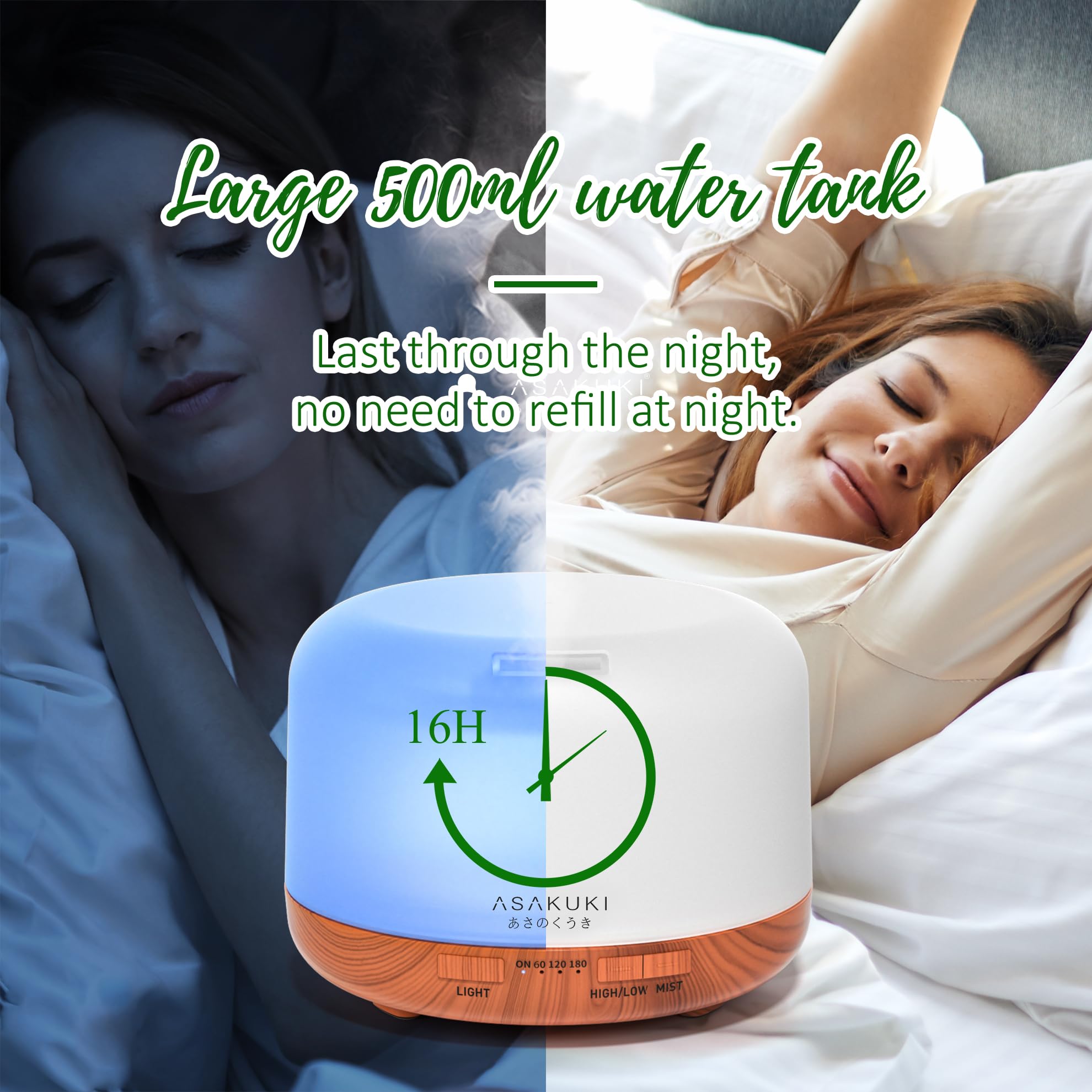ASAKUKI Essential Oil Diffuser 500ml, Ultrasonic Aromatherapy Humidifier with Remote Control, 7 LED Colors, Timer &amp; Auto-Off, Large Room Diffuser