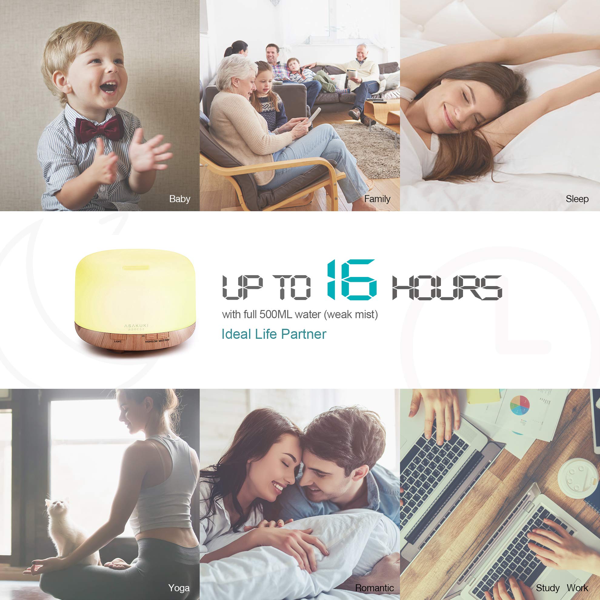 ASAKUKI Essential Oil Diffuser 500ml, Ultrasonic Aromatherapy Humidifier with Remote Control, 7 LED Colors, Timer &amp; Auto-Off, Large Room Diffuser